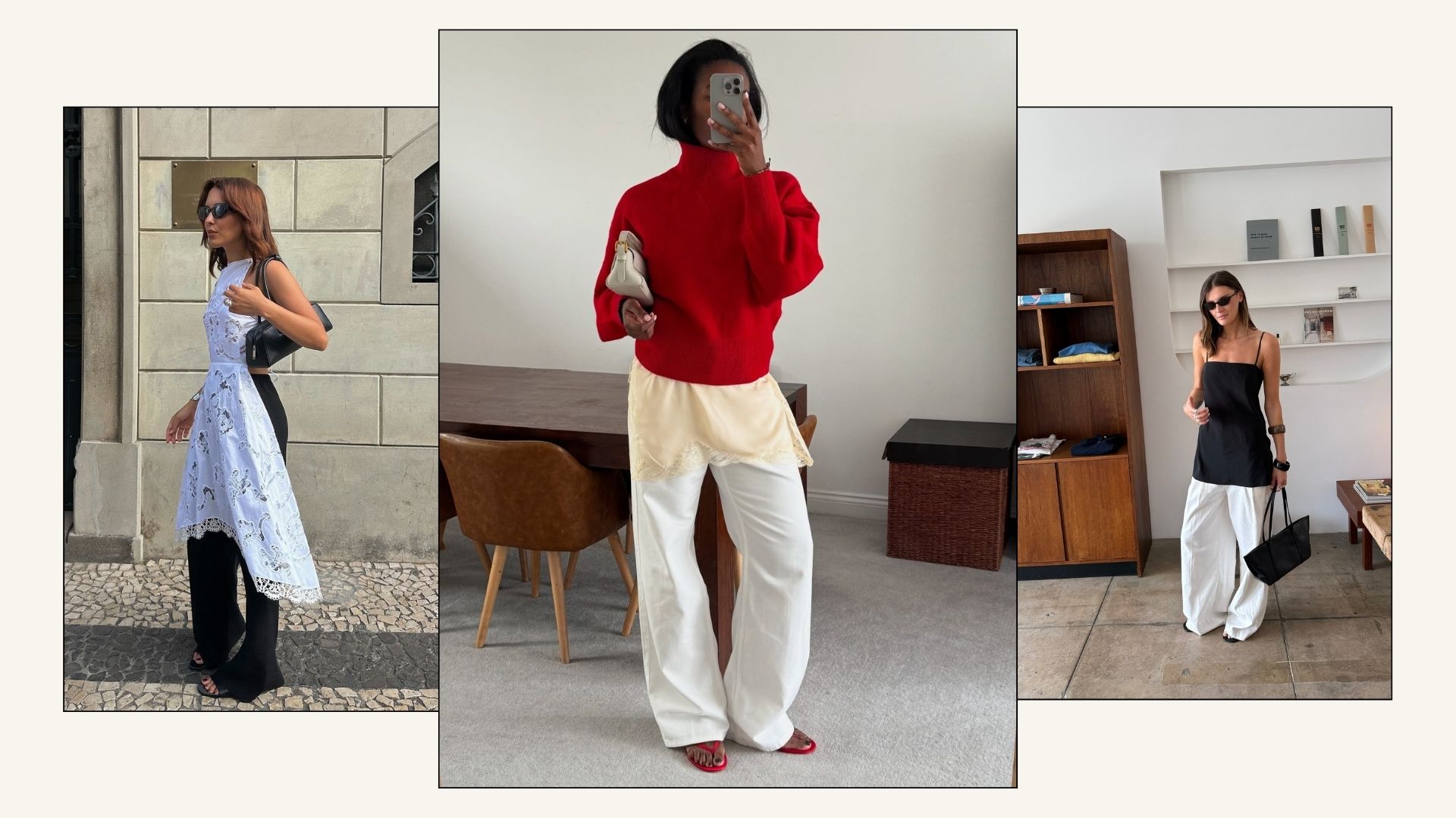 Influencers @deborabrosa, @nlmarilyn, @cocoschiffer all wear long tops over trousers and jeans.