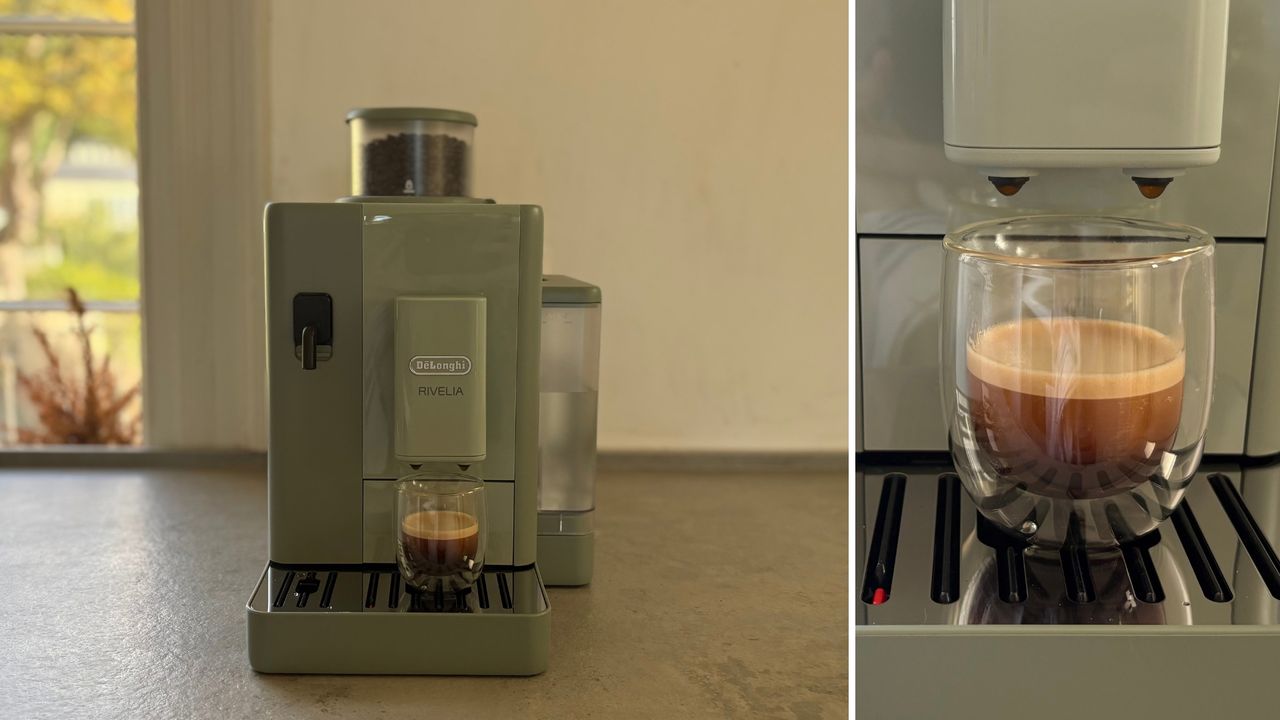 De'Longhi Rivelia Start Coffee Machine on the counter making an espresso
