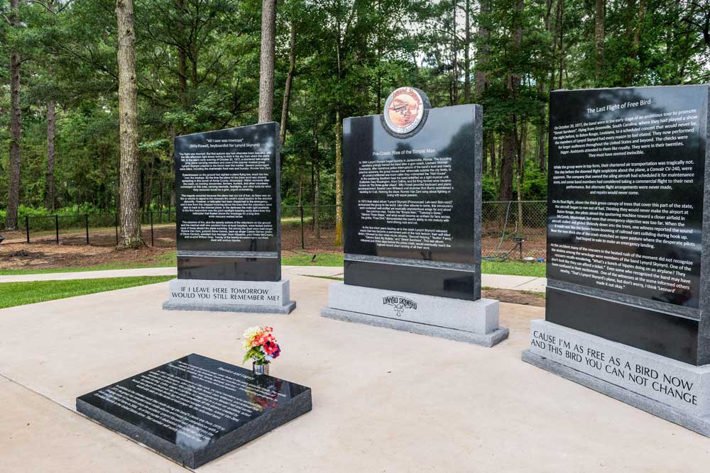 The Lynyrd Skynyrd Monument Memorial at the site of the airplane crash in Amite County Mississippi, USA.