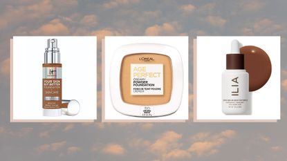 collage of three of the best foundations for mature skin by L'Oreal, Ilia and It Cosmetics 