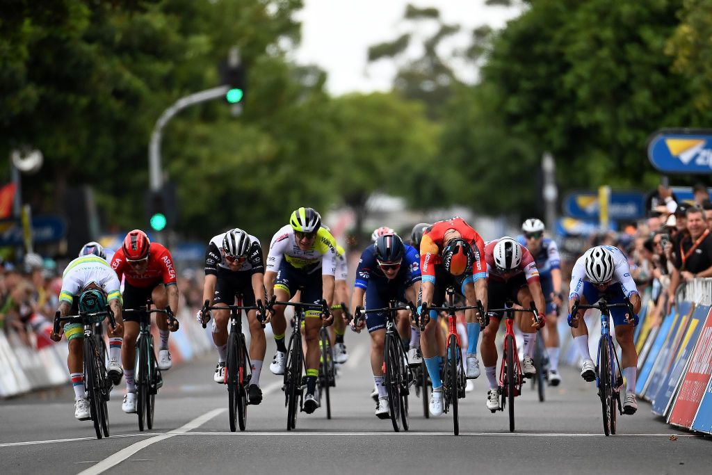 TANUDAZ AUSTRALIA JANUARY 18 LR Caleb Ewan of Australia and Australian National Team Hugo Hofstetter of France and Team Arkea Samsic Alessandro Covi of Italy and UAE Team Emirates Hugo Page of France and Team Intermarche Circus Wanty Paul Penhoet of France and Team Groupama FDJ Phil Bauhaus of Germany and Team Bahrain Victorious Emils Liepins of Latvia and Team Trek Segafredo and Michael Matthews of Australia and Team Jayco Alula sprint to win during the 23rd Santos Tour Down Under 2023 Stage 1 a 1499km stage from Tanunda to Tanunda on January 18 2023 in Tanunda Australia Photo by Tim de WaeleGetty Images