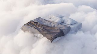 a rendering of a bed floating in the clouds