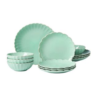 Green scalloped 12-piece dinnerware set with gold trim