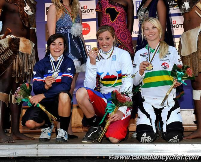 Elite women's downhill 2013 world championship podium: Emmeline Ragot (France), Rachel Atherton (Great Britain), Tracey Hannah (Australia)