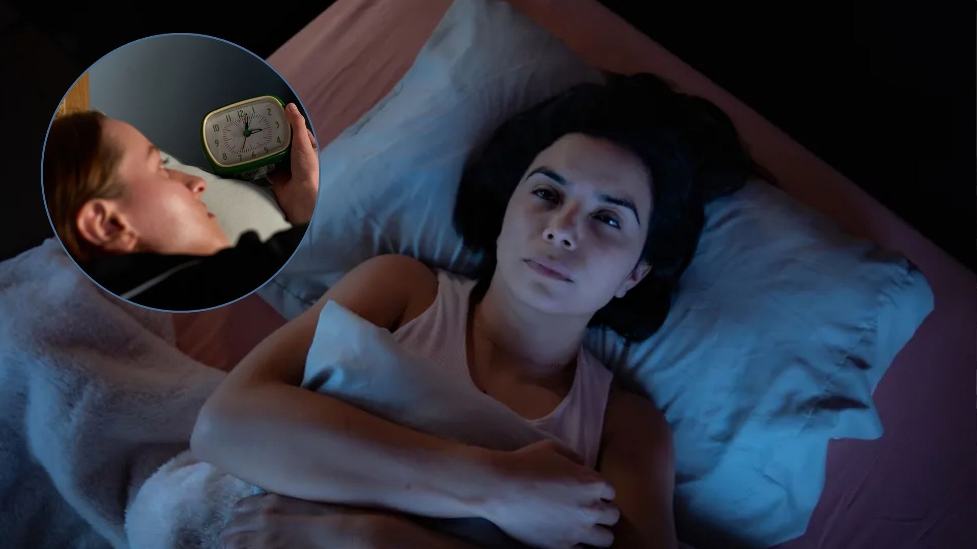 A dark haired woman lies in bed with eyes open, looking up at the ceiling. Inset to the left, a woman awake in bed checks the time - it's 3 a.m. 