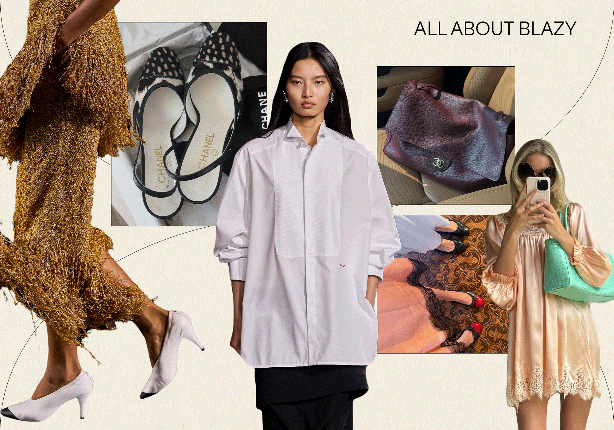 A collage featuring the summer 2026 fashion trend All About Blazy with runway, Instagram, and product imagery and gifs.