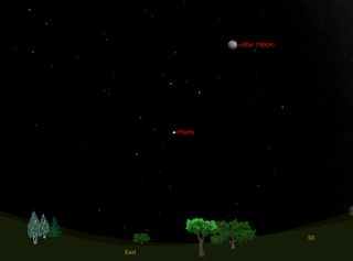 This sky map shows where Mars will appear in the eastern sky on March 5, 2012 at 8 p.m. local time to observers at mid-northern latitudes.