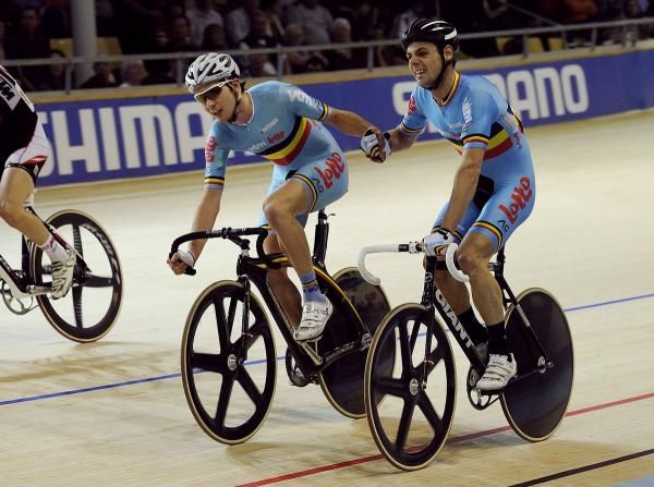 Belgian duo Ingmar De Poortere and Steve Schets go for the sling in the men's madison.