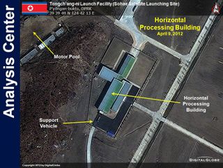 This DigitalGlobe satellite image of the Tongchang-ri Launch Facility in North Korea shows the site's horizontal processing building. The image was taken on April 9, 2012.