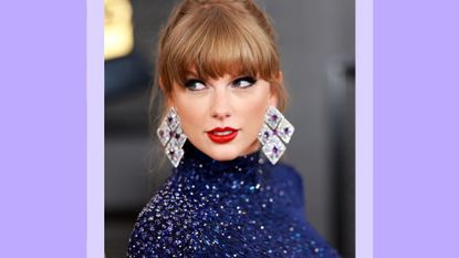 Taylor Swift wears a blue sparkly dress and silver earrings as she attends the 65th GRAMMY Awards on February 05, 2023 in Los Angeles, California/ in a purple template