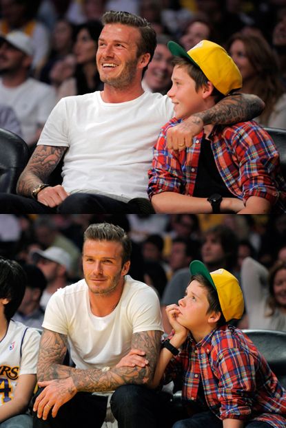 David and Brooklyn Beckham, David beckham, Brooklyn Beckham, Victoria Beckham, Cruz Beckham, Romeo Beckham, Harper Seven Beckham, Beckham family, David Beckham at LA Lakers game, Beckham family 