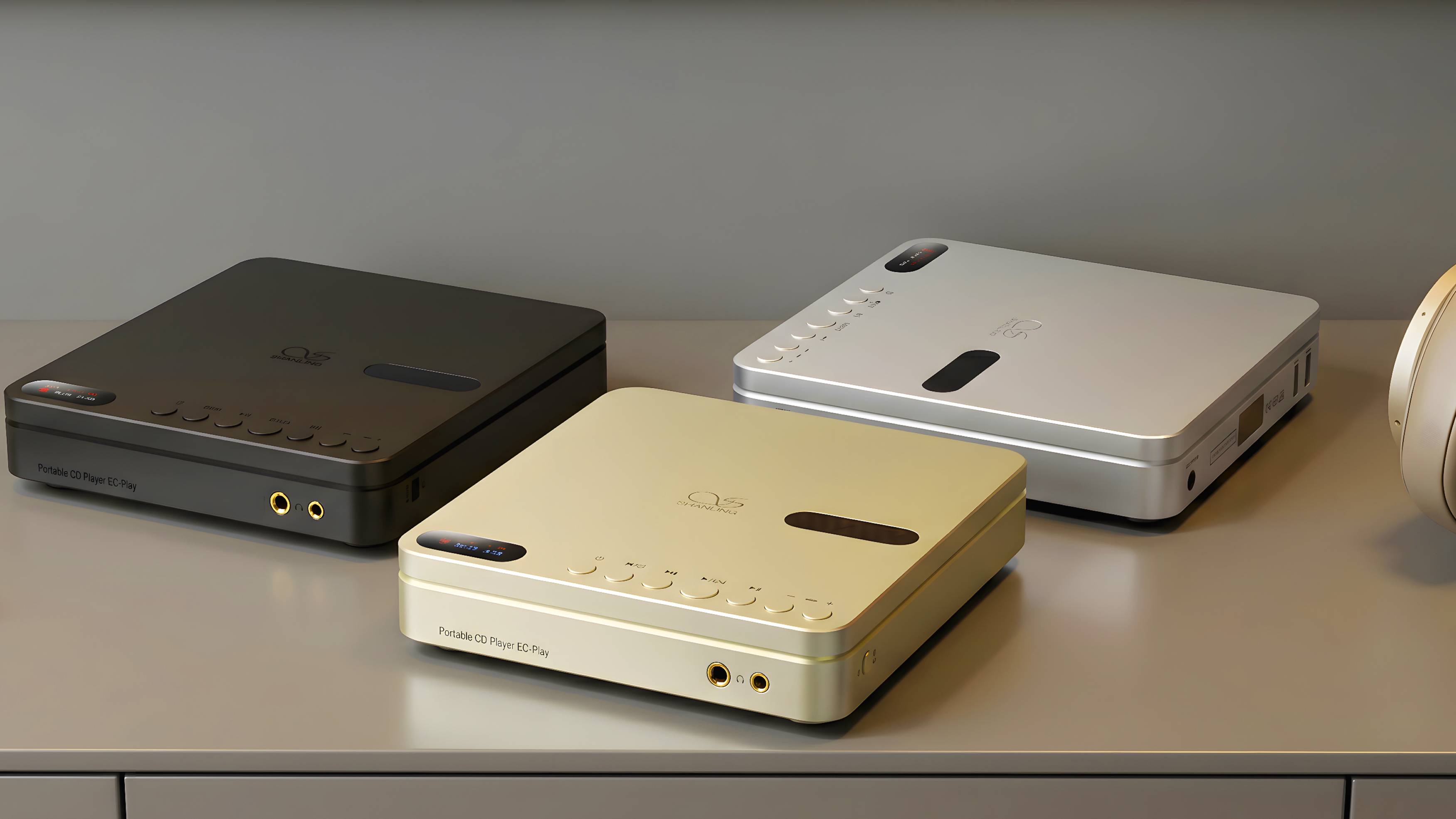 Three different color models of Shanling EC Play on a shelf.