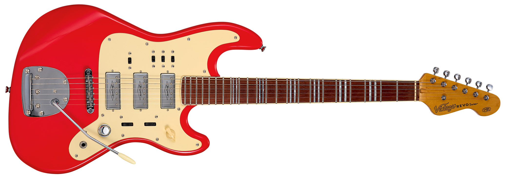 Vintage REVO Galactica: a retro-inspired red electric with switches, three pickups and vibrato