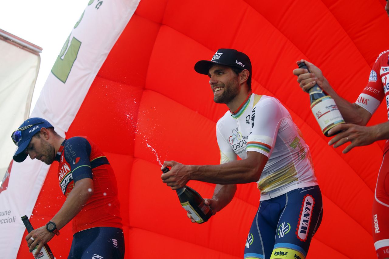 Andrea Pasqualon (Wanty-Groupe Gobert) is feted as Coppa Sabatini winner.