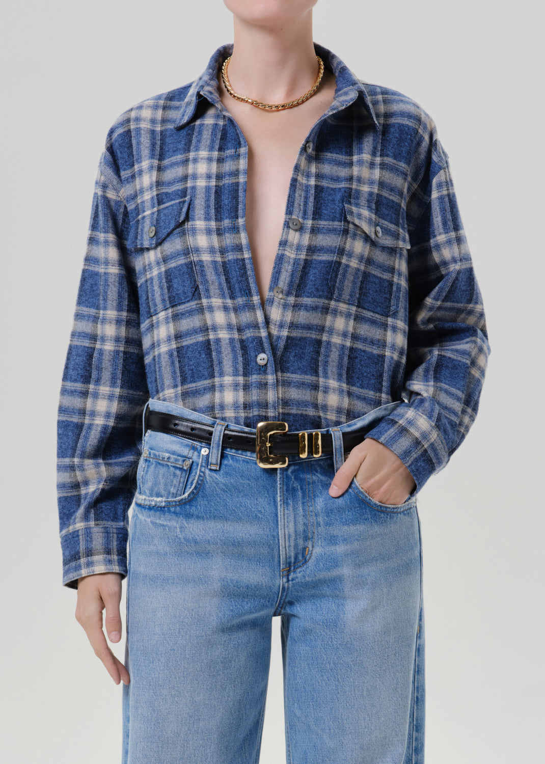 Vintage Long Button Up Shirt in Marina Plaid - Xs / Marina Plaid