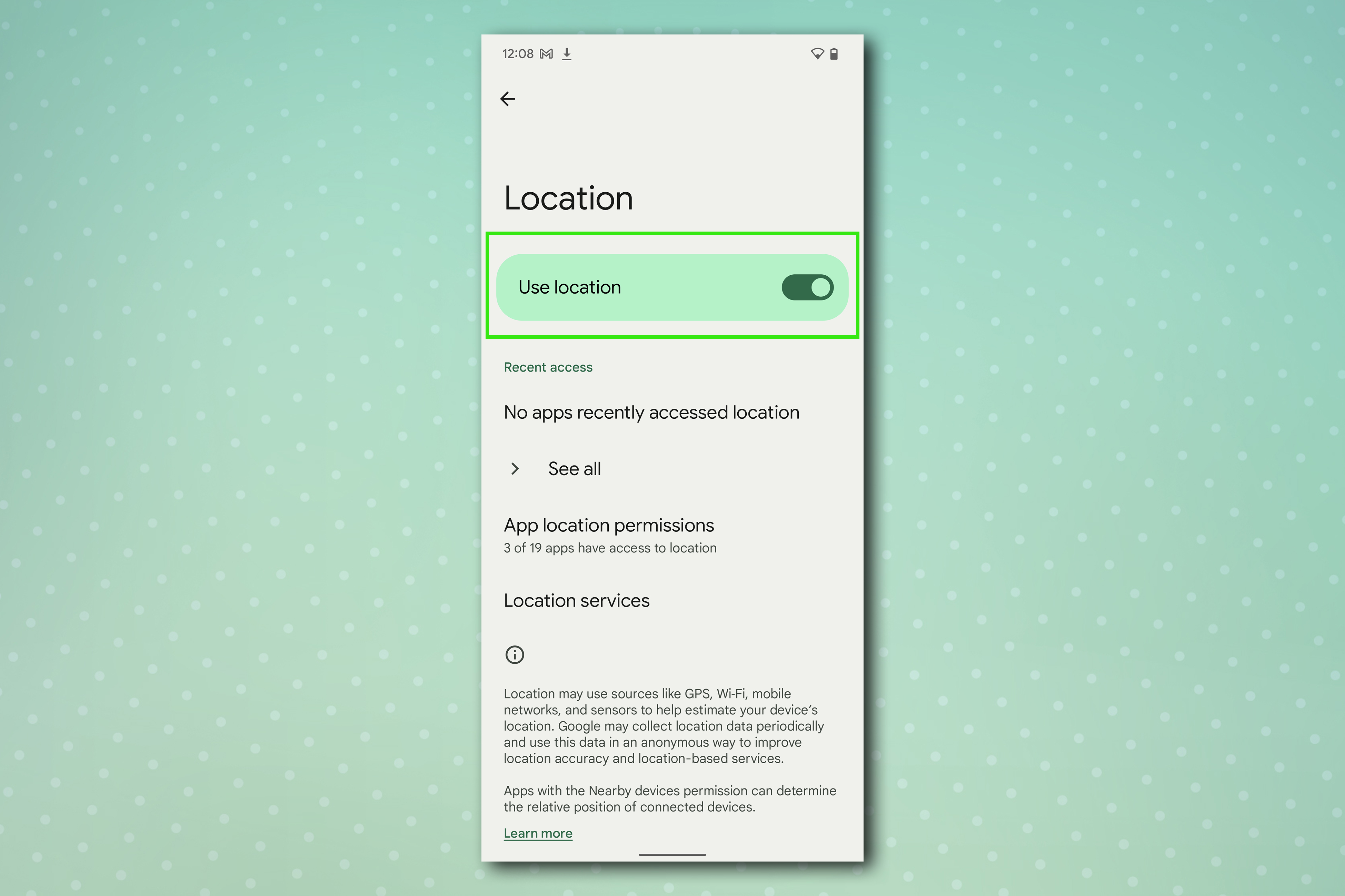 Android location settings page on Google Pixel