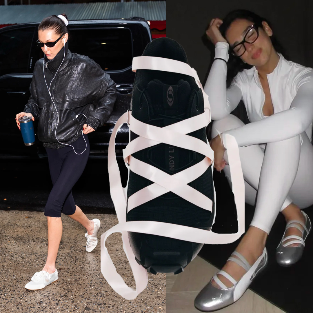 a collage of bella hadid and Dua Lipa wearing the ballet sneaker trend near a cut out of sneakers