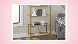 A picture of a gold bookshelf on a pink background