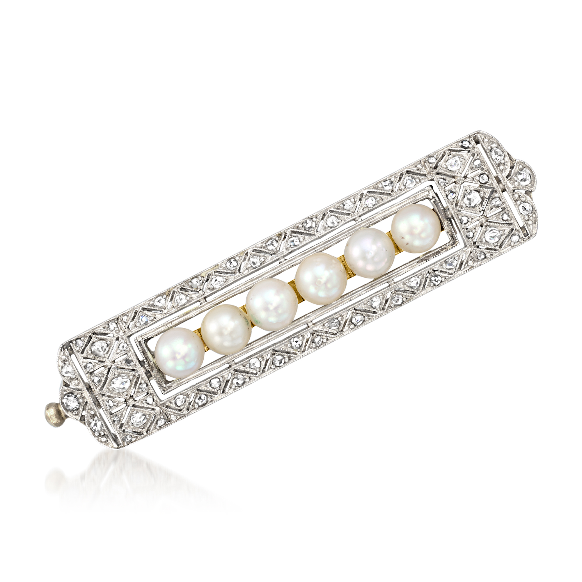 C. 1930 Vintage 4mm Cultured Pearl and .50 Ct. T.w. Diamond Pin in Platinum and 14kt Yellow Gold
