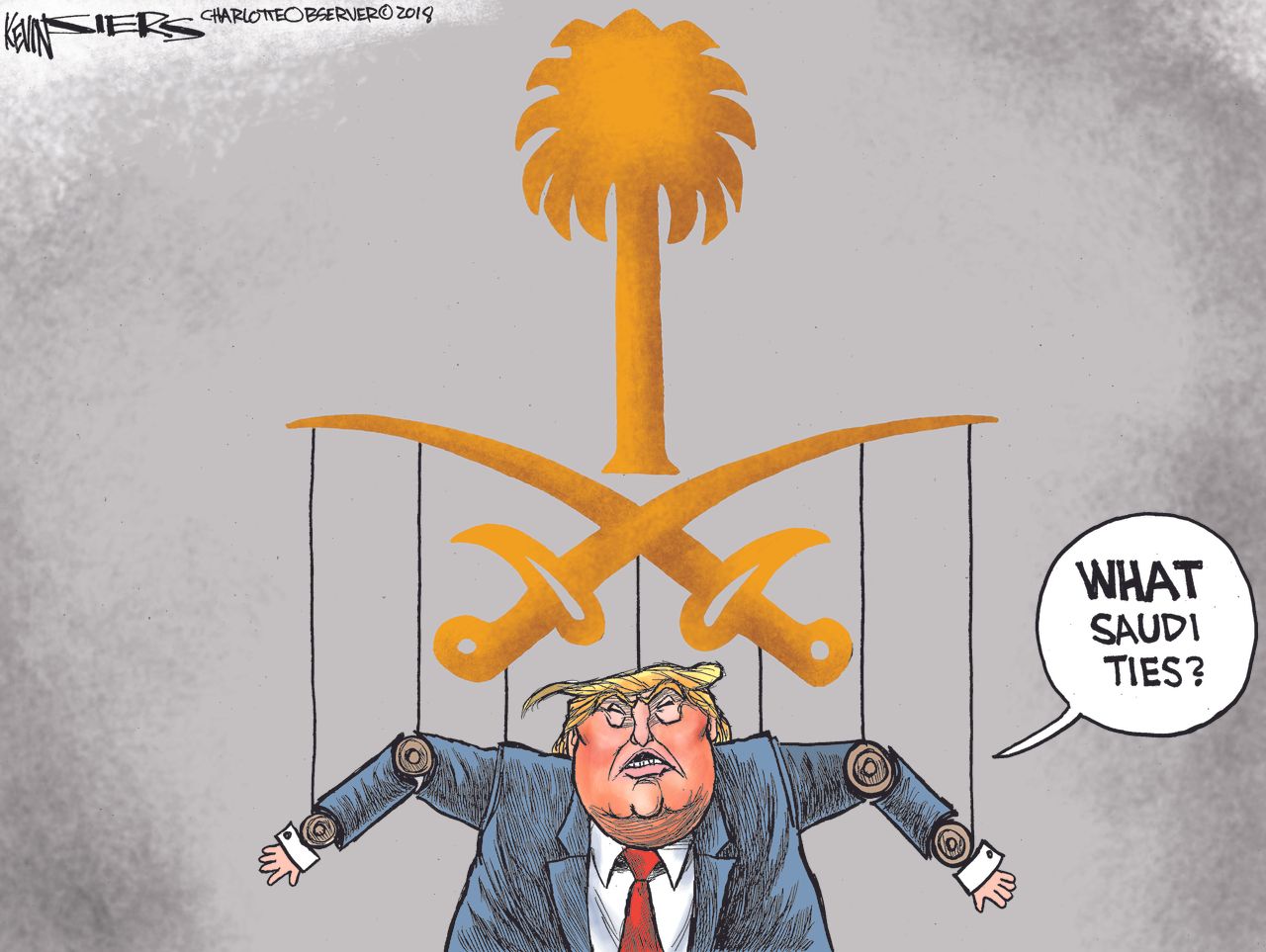 Political cartoon U.S. Trump Saudi Arabia ties Mohammed bin Salman Jamal Khashoggi journalist puppet