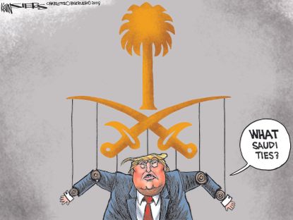 Political cartoon U.S. Trump Saudi Arabia ties Mohammed bin Salman Jamal Khashoggi journalist puppet