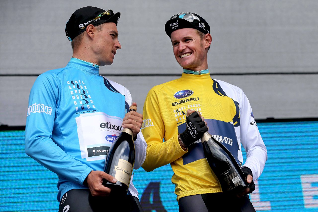 Gianni Meersman and Maxime Bouet (Etixx-Quick Step) all smiles on the podium