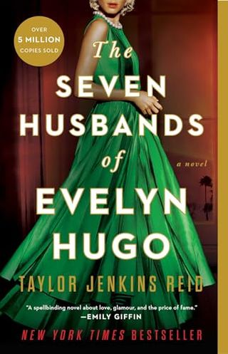 'The Seven Husbands of Evelyn Hugo' book cover featuring a photo of a glamorous woman in a green dress 