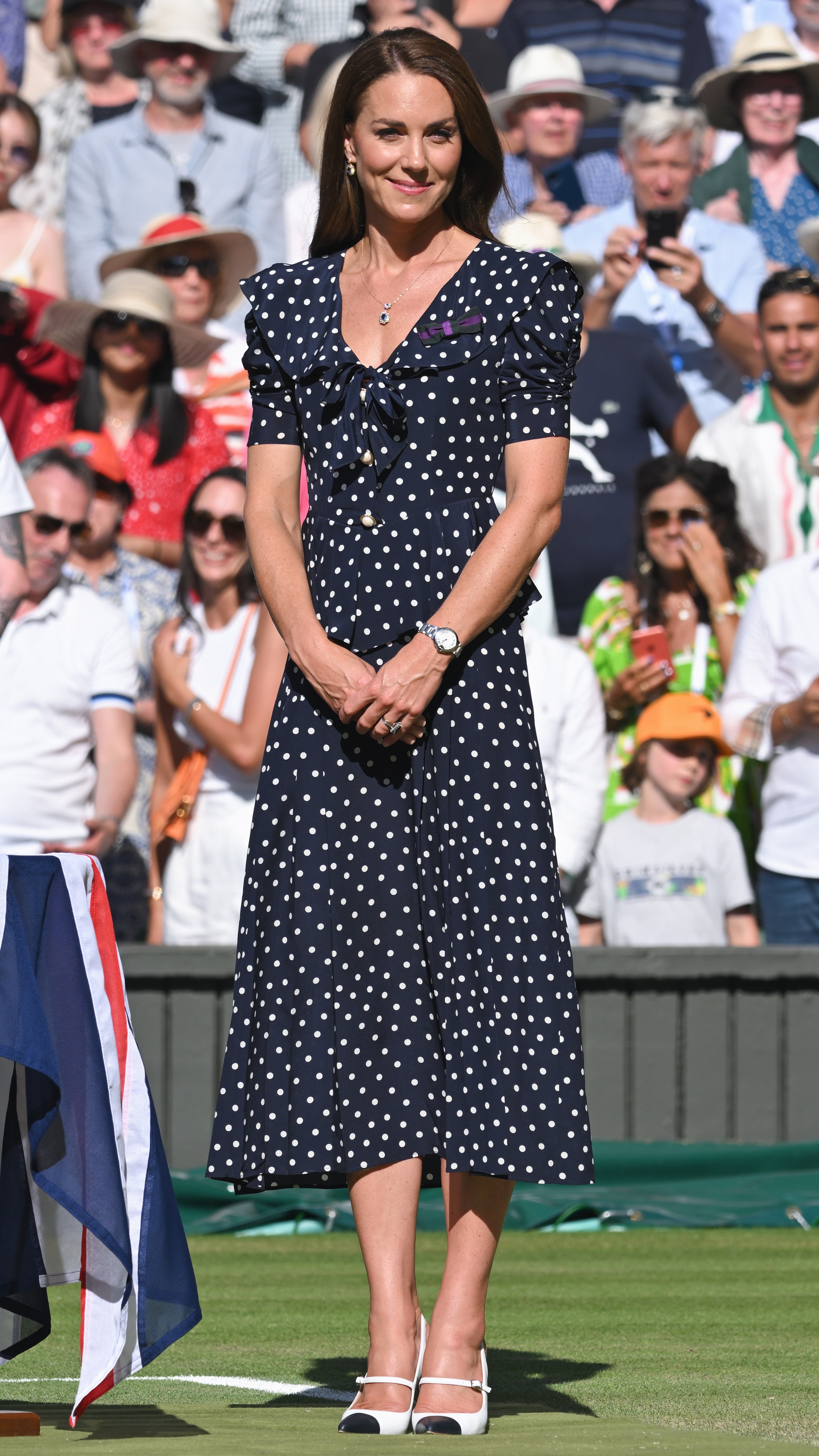 Catherine, Princess of Wales wears a polka dot dress as she attends the Wimbledon Men's Singles Final on July 10, 2022