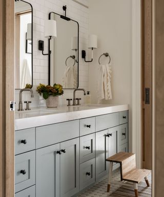 bathroom with white walls, gray-blue cabinets and double sink and wall mirrors