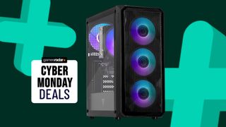 A Yeyian Tanto gaming PC on a teal Cyber Monday background