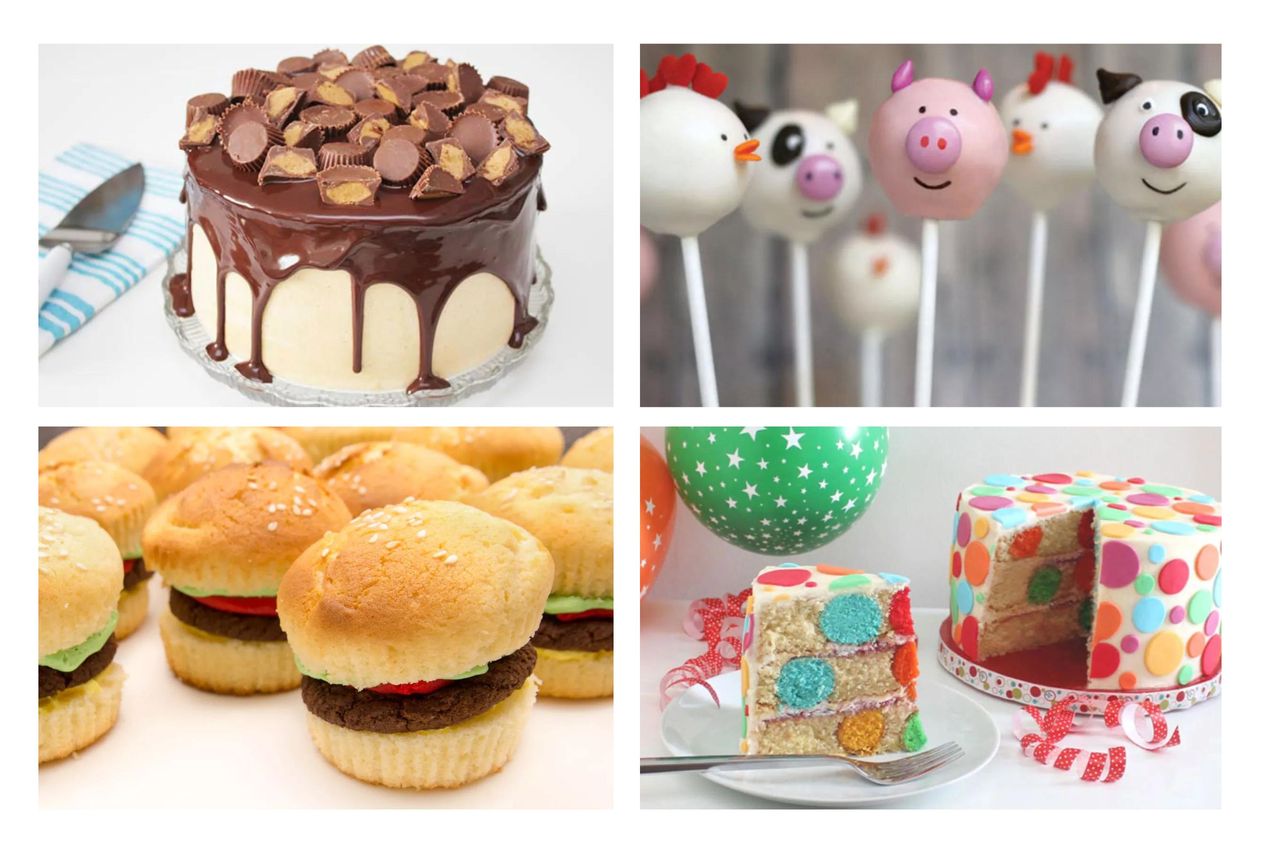 A Reese&#039;s peanut butter cake, pig cake pops, hamburger cupcakes and a polka dot cake