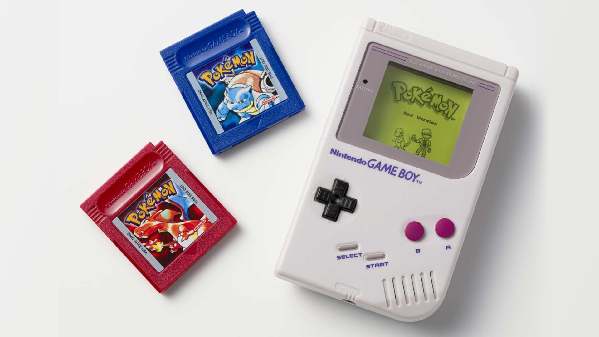 Game Boy Jukebox next to Pokemon Blue and Red music cartirdges.