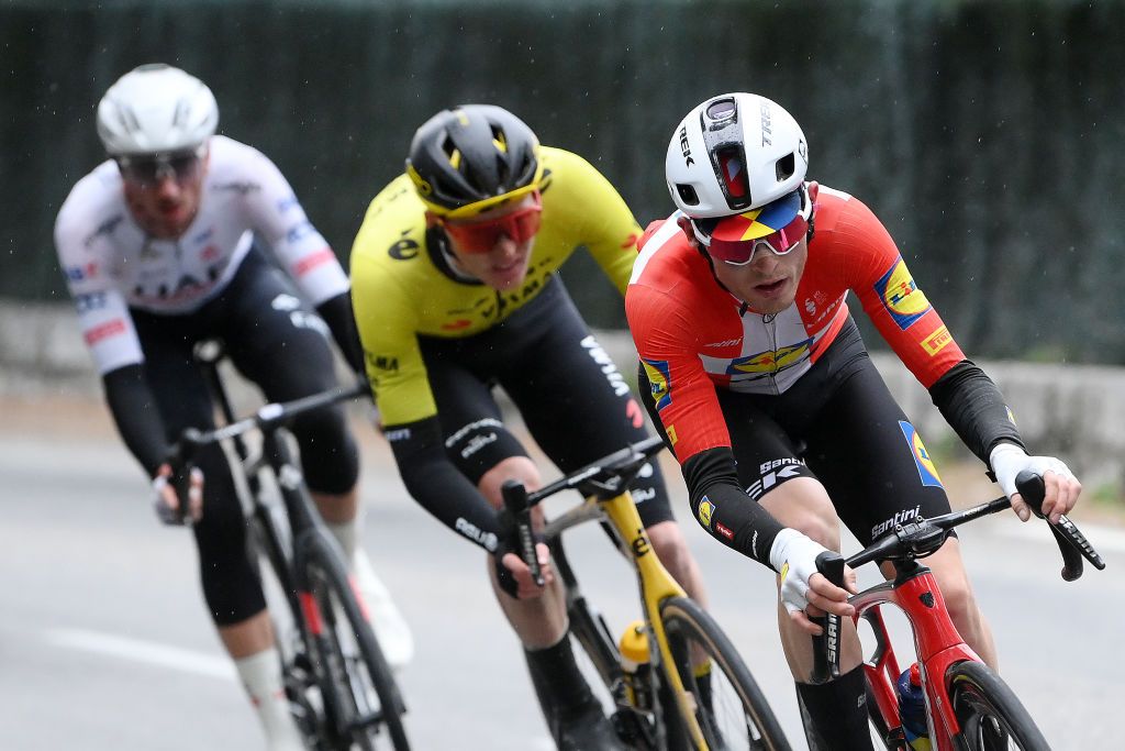 LA COLLESURLOUP FRANCE MARCH 08 LR Brandon Mcnulty of The United States and UAE Team Emirates Matteo Jorgenson of The United States and Team Visma Lease a Bike and Mattias Skjelmose of Denmark and Team Lidl Trek compete in the breakaway during the 82nd Paris Nice 2024 Stage 6 a 1982km stage from Sisteron to La CollesurLoup UCIWT on March 08 2024 in La CollesurLoup France Photo by Alex BroadwayGetty Images