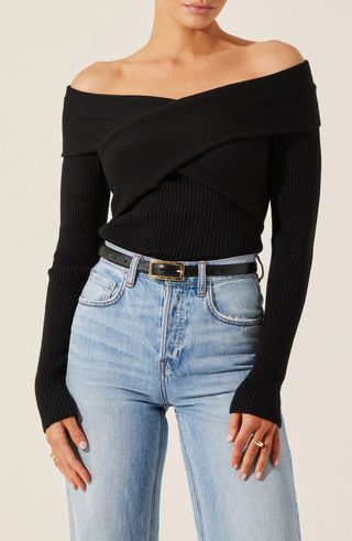 Crossover Off the Shoulder Rib Sweater