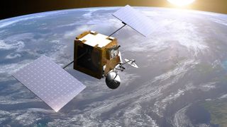An artist's illustration of a OneWeb satellite in orbit.