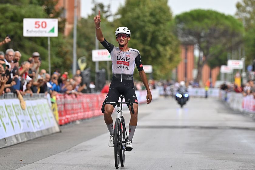 PONTEDERA, ITALY - SEPTEMBER 10: Isaac Del Toro of Mexico and UAE Team Emirates - XRG celebrates at finish line as race winner during the 97th Giro della Toscana - Memorial Alfredo Martini 2025 a 189.4km one day race from Pontedera to Pontedera / #UCIWT / on September 10, 2025 in Pontedera, Italy. (Photo by Luc Claessen/Getty Images)