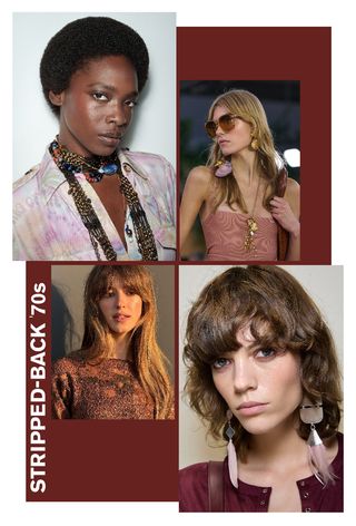 Daisy Edgar-Jones and models from the Zimmermann, Isabal Marant and Chloé SS25 shows, showcasing stripped-back '70s beauty, a key 2025 beauty trend