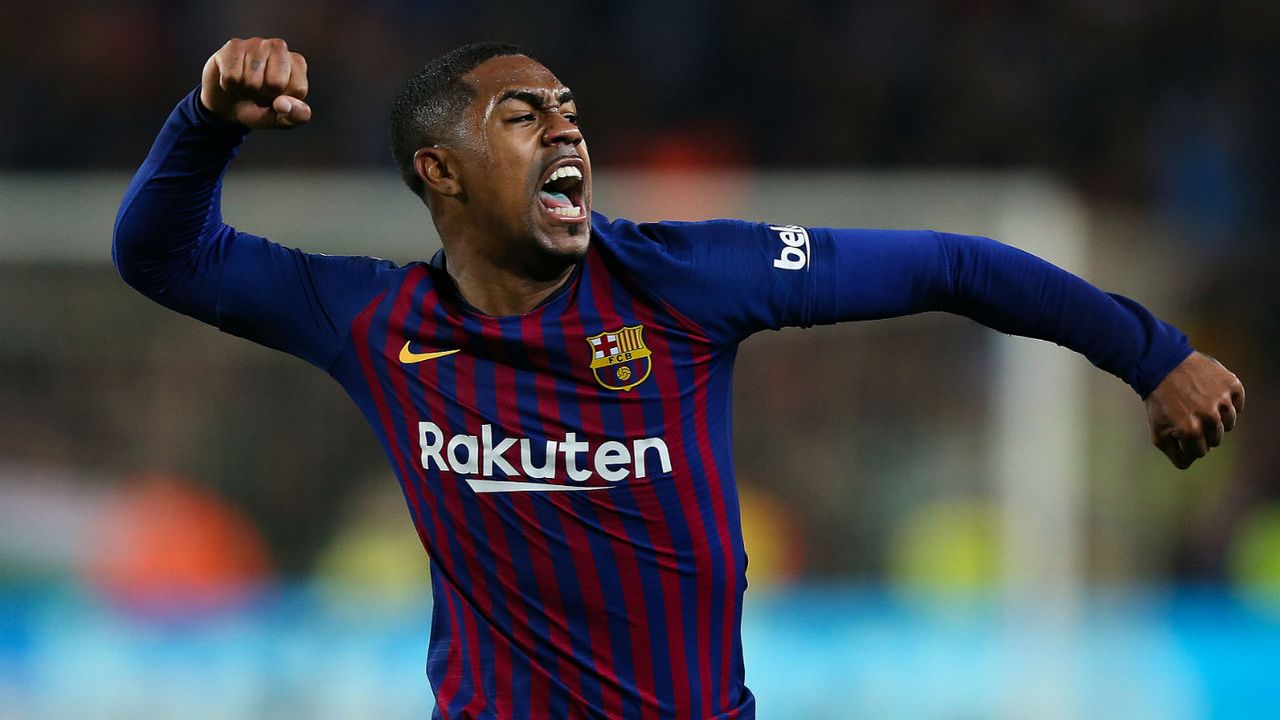 Barcelona forward Malcom celebrates scoring against Real Madrid in the Copa del Rey