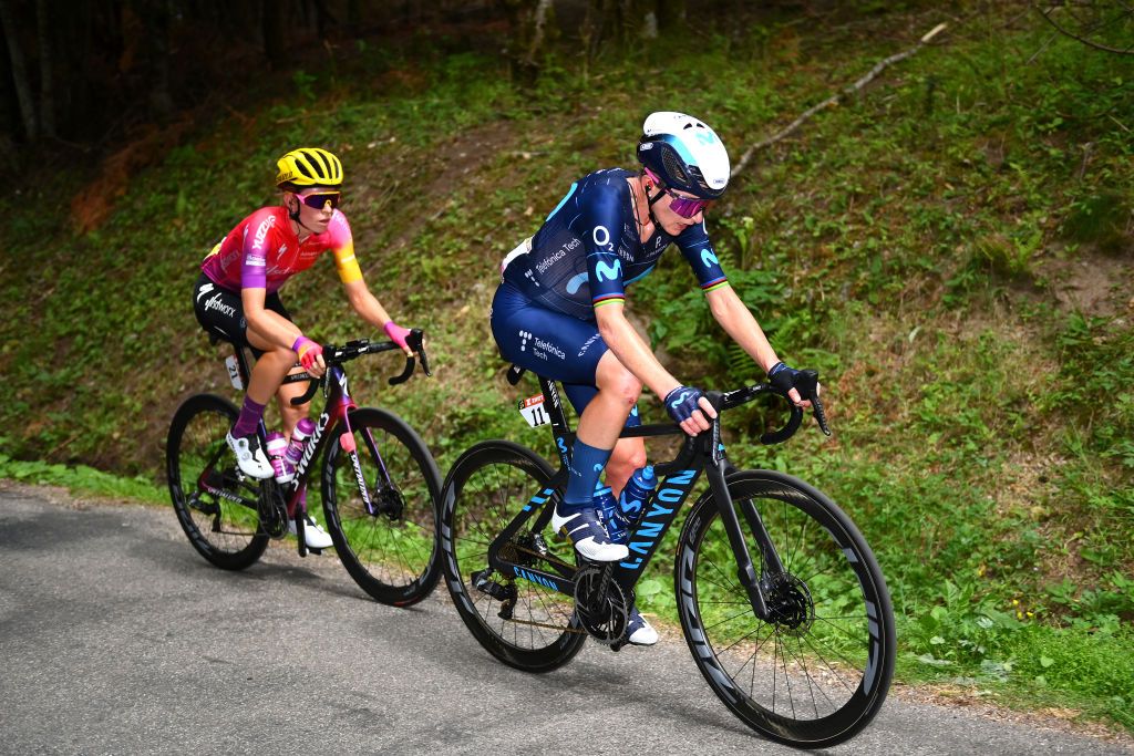 LE MARKSTEIN FRANCE JULY 30 LR Demi Vollering of Netherlands and Team SD Worx and Annemiek Van Vleuten of Netherlands and Movistar Team attack during the 1st Tour de France Femmes 2022 Stage 7 a 1271km stage from Slestat to Le Marksteinc TDFF UCIWWT on July 30 2022 in Le Markstein France Photo by Tim de WaeleGetty Images