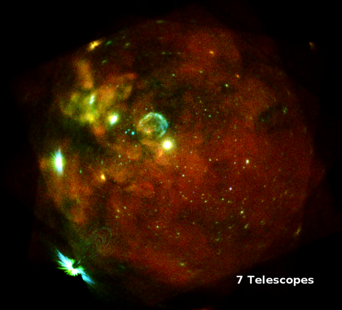 This eROSITA image shows the Large Magellanic Cloud, our galactic neighbor. The image was created with exposures from all seven of the telescope&#039;s mirror modules; the pictures were taken between Oct. 18 and 19.