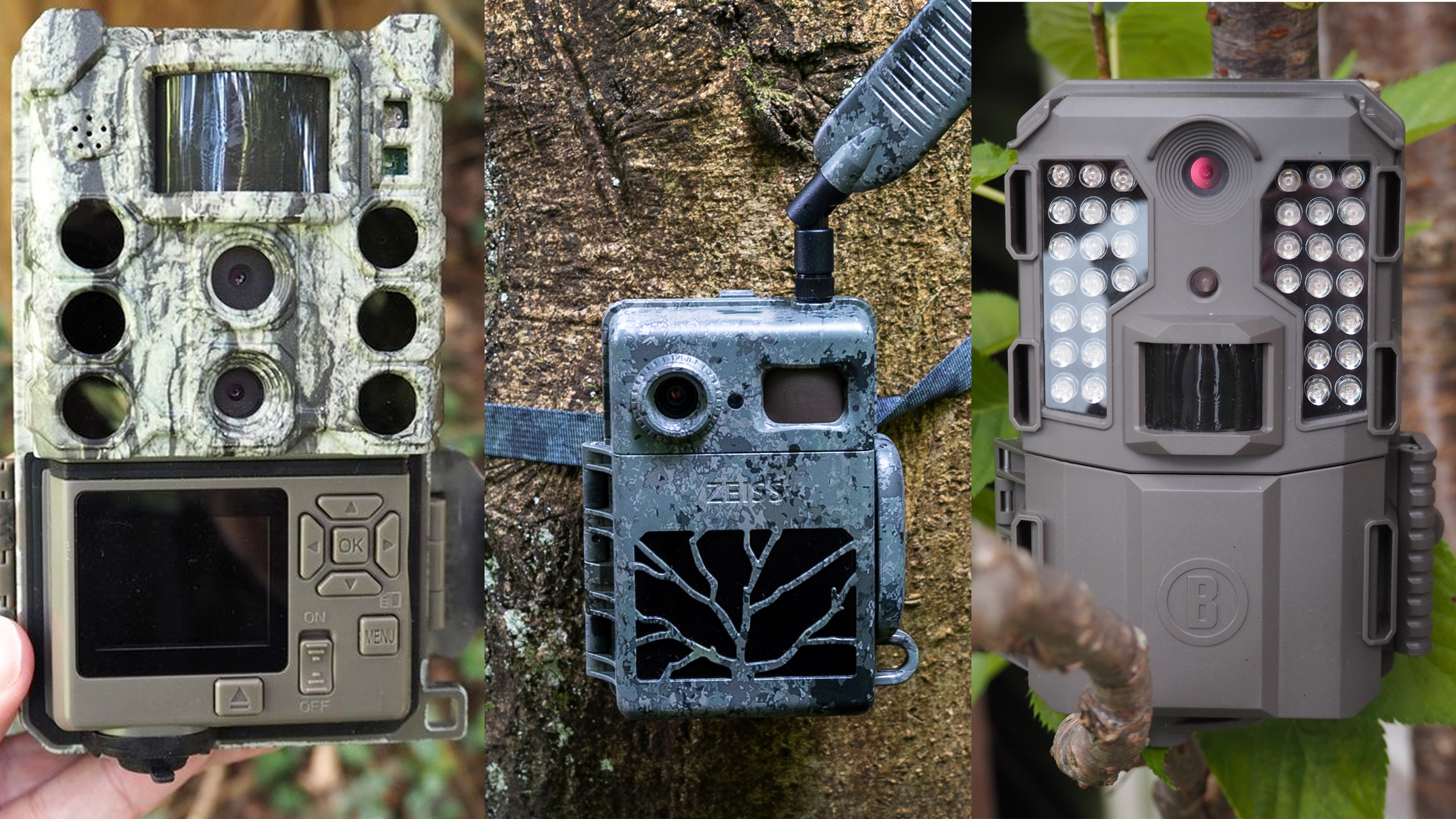Three trail cameras outside in a montage