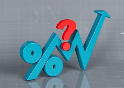 Grayish blue-colored arrow-shaped percentage symbol and red-colored question mark