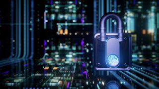 Digital padlock over virtual circuit board background