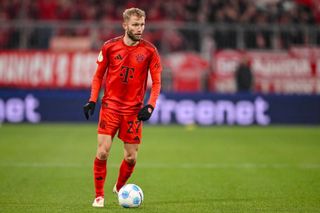 Munich, Germany - December 3: Konrad Laimer of Bayern Muenchen controls the Ball during the DFB Cup - Round of 16 match between FC Bayern München and Bayer 04 Leverkusen at Allianz Arena on December 3, 2024 in Munich, Germany. (Photo by Harry Langer/DeFodi Images via Getty Images)