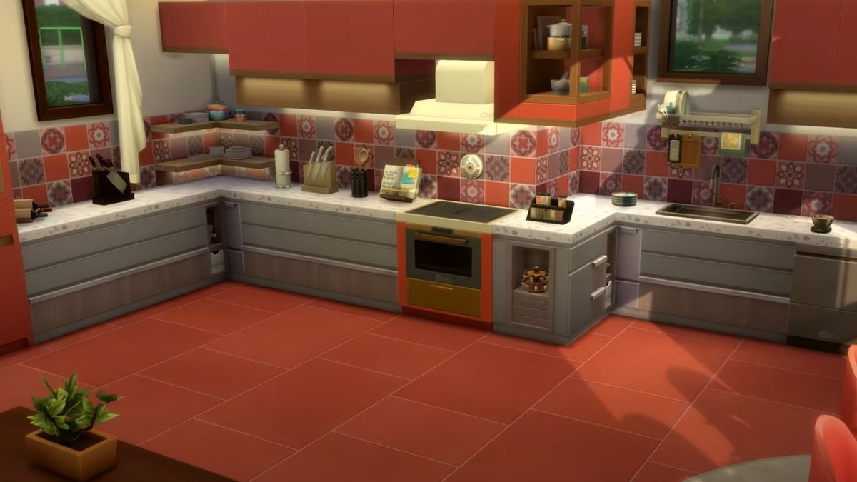 A kitchen layout in The Sims 4