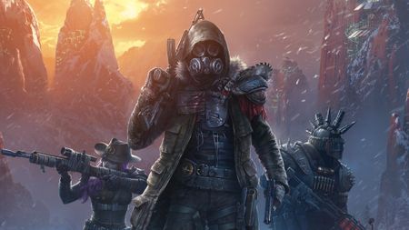 Key art for Wasteland 3, featuring three scavengers holding weapons in a blizzard.