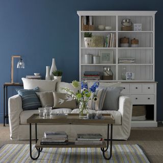 living room with blue wall and white wooden shelves
