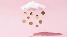 Money falling from a cloud with a pink background