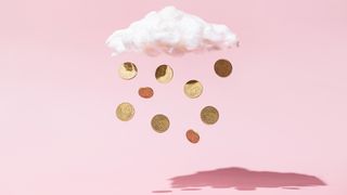 Money falling from a cloud with a pink background 