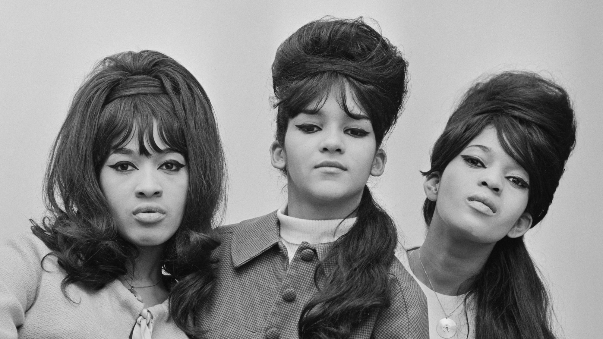 American girl group the Ronettes, UK, 11th January 1964. From left to right, they are singers Veronica Bennett (later Ronnie Spector), Nedra Talley and Estelle Bennett